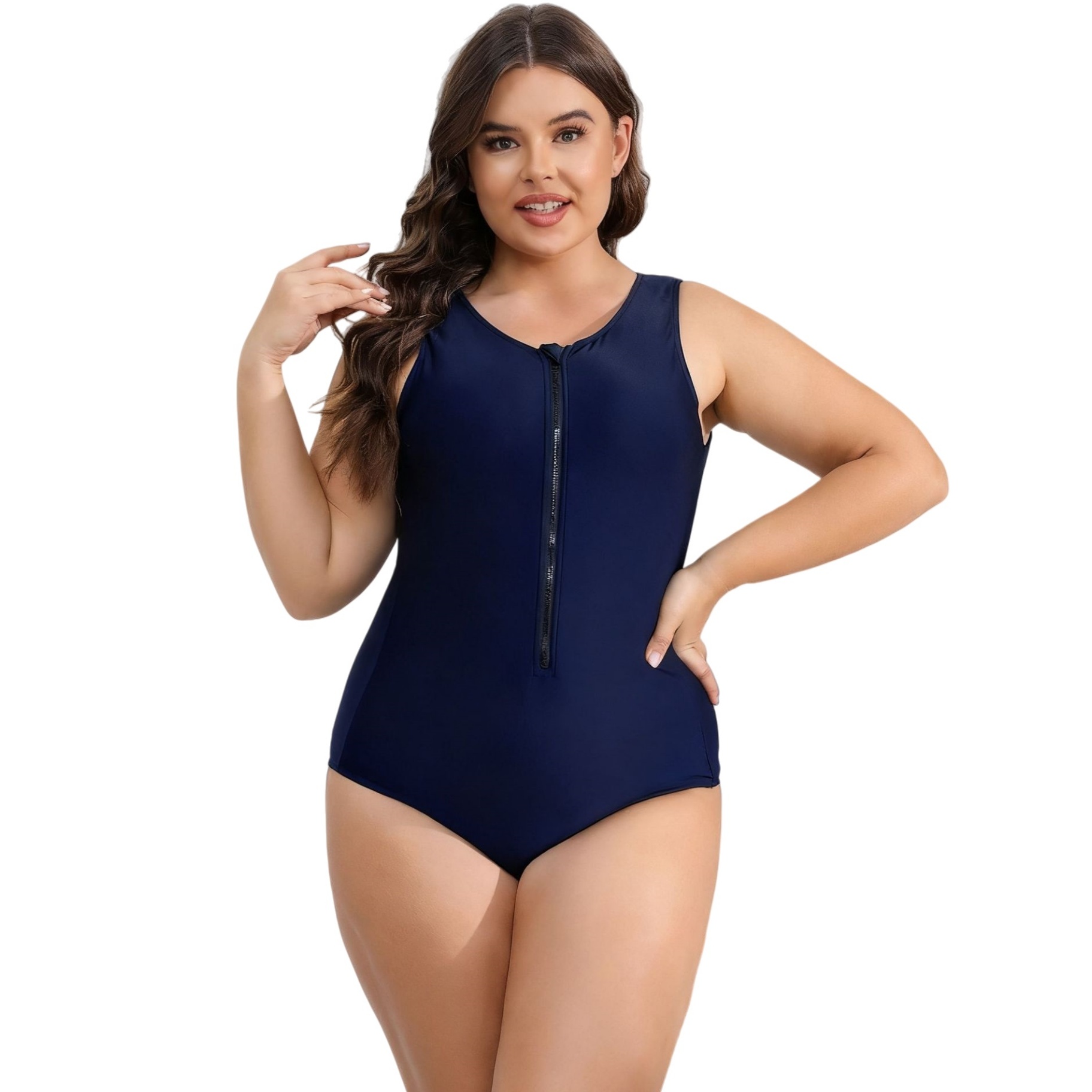 Plus Size Sleeveless One Piece Swimsuit Lady Sexy Front Zip Big Swimwear